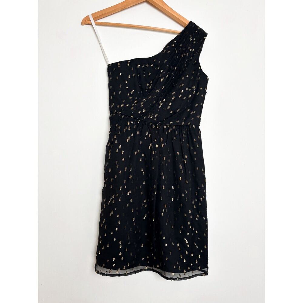 Revolve Shoshanna One Shoulder Dress Silk 2 Black Gold Metallic Pockets Party
